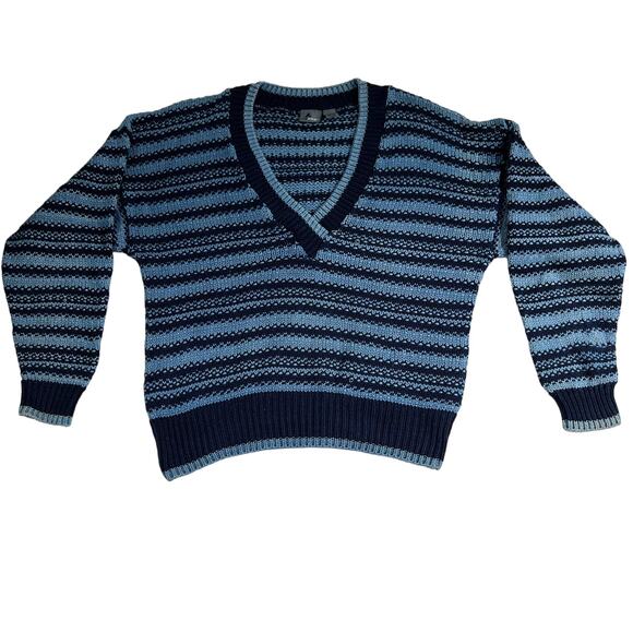 Liz Wear Cotton V-Neck Sweater Woman's Large Open Knit Made In USA Blue Stripe - Picture 1 of 8